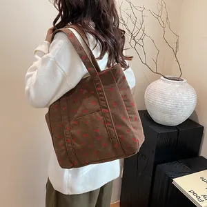 Sac Fourre-tout en Velours Côtelé pour Femmes avec Imprimé Cerise Grande Capacité Sac à Main Décontracté avec Poche Avant