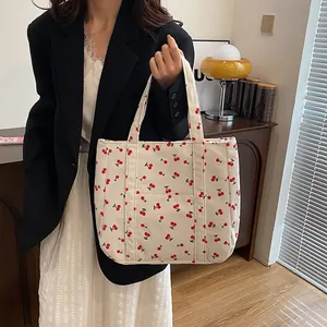 Sac cabas en velours côtelé blanc avec imprimé cerises rouges et grande contenance