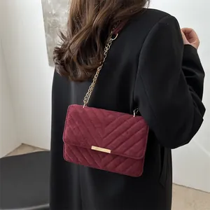Vintage V-Quilted Faux Suede Crossbody Bag For Women Fashion Chain Shoulder Bag Small Square Bag Commuting Daily Handbag