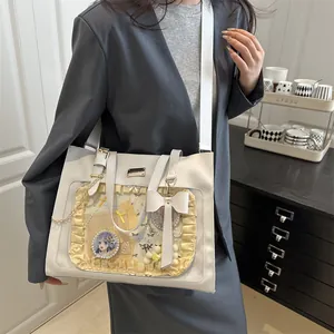 Large Japanese Sweet Ita Bag PU Leather Transparent PVC Window Tote Bag With Bow Metal Chain Shoulder Handbag For Women Girls