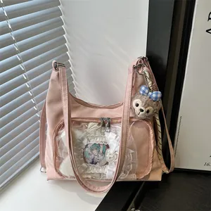 Women Transparent Ita Bag PU Leather Clear Window Tote Shoulder Bag With Plush Pendant Anime Display Bag School Handbag