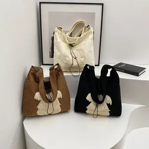 Women Corduroy Tote Bag Large Capacity Drawstring Shoulder Bag With Cute Plush Dog Patch Casual Fashion Commuter Handbag