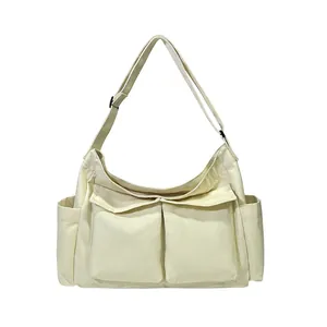 Borsa a tracolla in tela crema stile giapponese con grandi tasche e tracolla regolabile