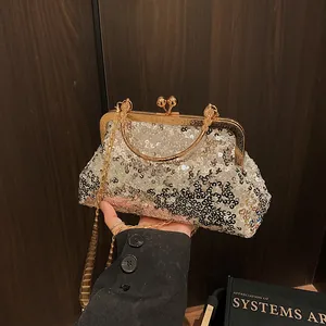 Vue détaillée du sac de soirée à paillettes argentées avec cadre et poignée dorés