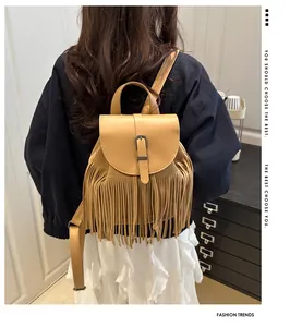 Detail showing hanging tassels and faux leather texture on the khaki backpack