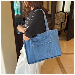 Damen Große Denim Tragetasche Japanischer Minimalismus Vintage Lässig Schultertasche Mit Vorne Klappentasche Große Kapazität Shopper