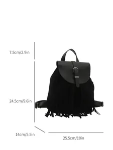 Detailed size chart of vintage black fringe backpack showing height, width, and handle depth