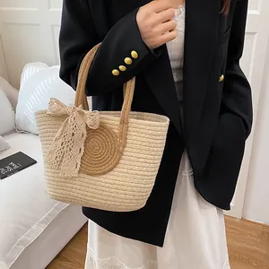 Women Straw Woven Bucket Handbag Large Capacity Contrast Color Tote Bag With Lace Bow Summer Beach Vacation Travel Purse