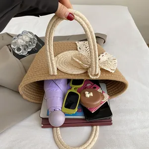 Minimalist beige woven tote bag with lace bow featuring large capacity and daily essentials