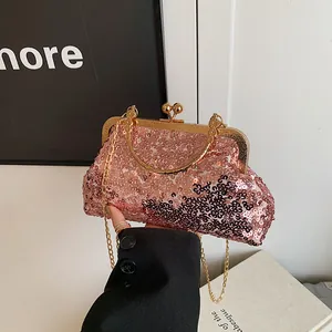 Pochette de soirée élégante à paillettes or rose avec bandoulière et poignée métal