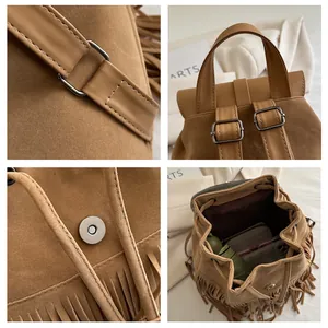 Detailed view of brown fringe backpack with adjustable straps and magnetic closure system