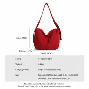 Minimalist large red crossbody tote bag with wide strap and detailed size specifications