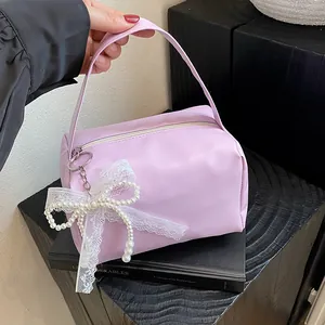 Korean Style PU Leather Solid Color Handbag For Women Fashion Waterproof Cosmetic Bag With Lace Pearl Bowknot Decor Small Travel Storage Handheld Bag