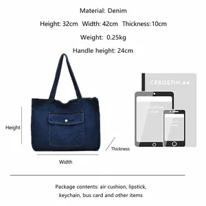 Große dunkelblaue Denim-Tragetasche Maße 32x42x10cm für den täglichen Freizeitweg