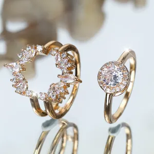 Sparkling gold-plated double-layer stackable ring set with cubic zirconia stones
