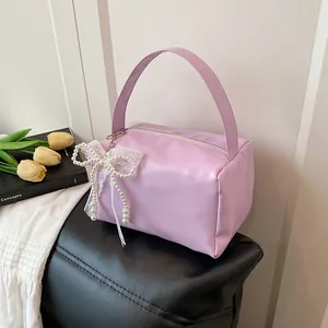 Lavender purple PU leather handbag with pearl lace bow charm for bridesmaids
