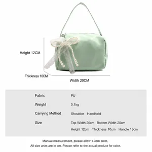 Mint green small PU handbag with pearl bow and lace trim, stylish top handle design