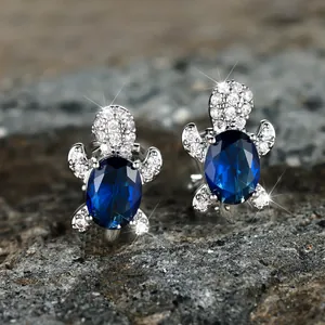 Turtle Zirconia Clip On Earrings Copper Animal Design Non Piercing Jewelry For Women Blue Pink White Garnet Red Gift