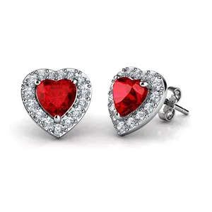 Elegant heart-shaped pink zircon stud earrings with sparkling halo in silver setting
