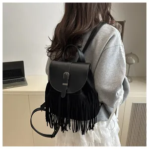 Vintage Faux Suede Tassel Backpack For Women Bohemian Synthetic Leather Flip Cover School Bag Retro Commuter Rucksack