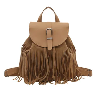 Vintage camel bohemian tassel backpack with fringe details and buckle flap closure