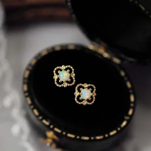 Vintage Hohl Vierblättriges Kleeblatt Ohrstecker Mit Opal Zirkonia Eingelegt Kupfer Ohrringe Für Damen Elegant Schmuck Geschenk