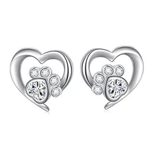 Detailed view of silver heart paw stud earrings with heart-shaped cubic zirconia stones