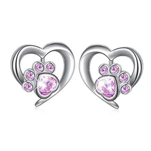 Detailed view of silver heart-shaped cat paw earrings with pink cubic zirconia stones