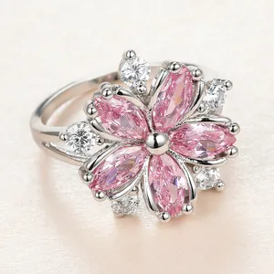 Elegant cherry blossom ring with pink marquise zircon petals and silver metal band