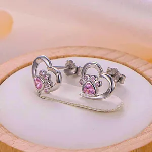 S925 sterling silver heart-shaped cat paw earrings with pink zircon and pet footprint design
