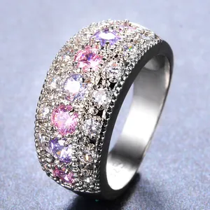 S925 sterling silver wide band ring with pink and purple cubic zirconia pavé stones