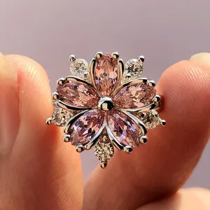 Minimalist cherry blossom flower ring with pink marquise zircon stones and silver band