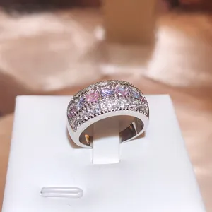 Elegant Copper Ring Pink Purple Zirconia Wide Full Drill Inlaid Fashion Jewelry For Women Banquet High-end Finger Ring
