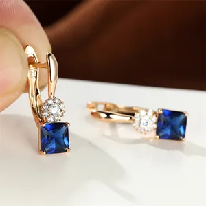 Sun Flower Square Zirconia Crystal Leverback Earrings For Women Rose Gold Plated Fashion Jewelry Wedding Party Accessory