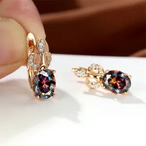 Ovale Bunte Zirkonia Brisur Ohrringe Champagner Vergoldet Hohle Krone Design Luxusschmuck Für Hochzeit Damen