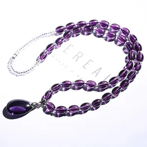 Elegante collar de cuentas de cristal amatista violeta con gran colgante de lágrima