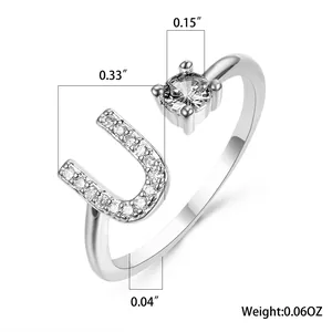 Detailed size specifications for adjustable silver ring with letter U and zircon stone