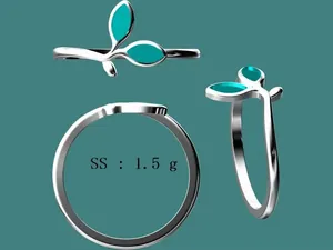 Vue en trois angles d'une bague feuille en argent S925 avec turquoise et poids de 1,5g