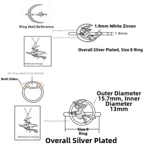 Dessin technique de bague sorcière en argent avec motif lune et diamants blancs