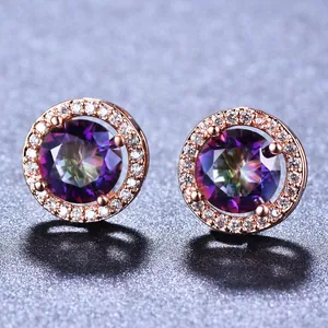 Boucles d'oreilles topaze mystique ronde en plaqué or rose avec un halo de zircons