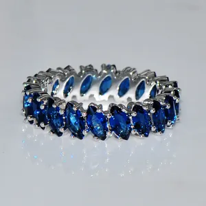 Luxury Royal Blue Marquise Zircon Eternity Ring Copper Silver Plated Engagement Wedding Ring For Women Fashion Jewelry Accessories