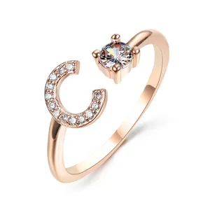 Copper Cubic Zirconia Initial Opening Ring A-Z 26 Letters Adjustable Gold Rose Gold Silver Personalized Jewelry Gift