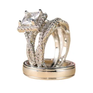 Ensemble de 3 bagues luxe en or rose avec zircone cubique princesse et détails halo