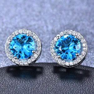 Boucles d'Oreilles Clous Halo Rondes De Luxe Avec Tige En Argent Sterling 925 Cuivre Zircone Opale Synthétique Bijoux Femme