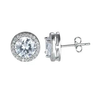 Boucles d'oreilles halo classiques en argent 925 avec zircone ronde et fermoir papillon
