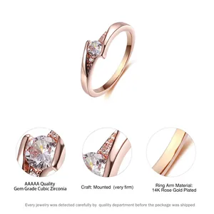 Detailed view of 14K rose gold plated ring with AAAAA cubic zirconia and micro pave setting