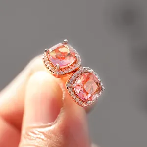 Square cushion cut pink tourmaline halo stud earrings in rose gold setting