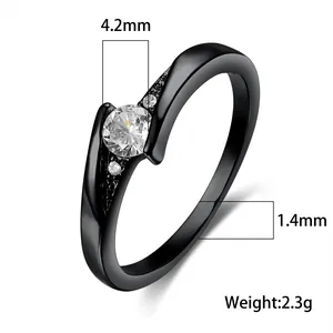 Classic black plated wedding ring with sparkling round stones and specs shown on white background