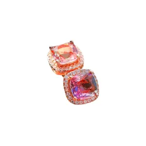Mini square halo stud earrings with pink tourmaline stones and rose gold plating