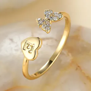 Bague Ouverte en Cuivre Papillon Cœur 26 Lettres Initiales Strass Incrusté Bague Réglable Bijoux pour Femme Cadeau
